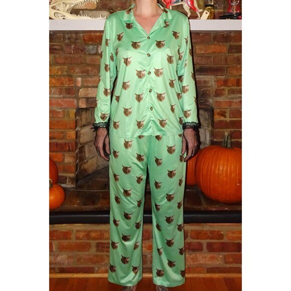 Mint Green Annoyed Cat Pajama Set L pants button up top sleepwear kitty - Picture 4 of 9